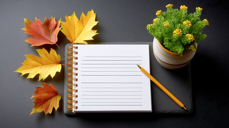 Autumn leaves placed beside blank notebook and small potted plant on dark surface. Inviting workspace for creative planning during fall. Concept of education, seasonal inspiration, nature.の素材
