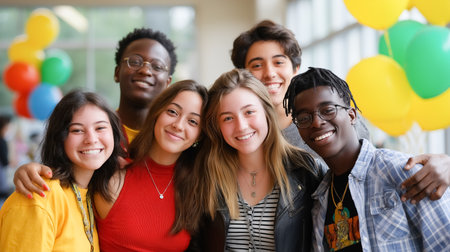 Multicultural group of students smiling together in bright space. Colorful balloons decorate the background, creating a festive atmosphere. Concept of education, youth empowerment, community events.の素材