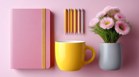 Bright flat lay arrangement showcasing school supplies on light pink surface. Notepad, colorful pencils, yellow mug, and flowers present. Concept of education, stationery retail, student lifestyle.の素材