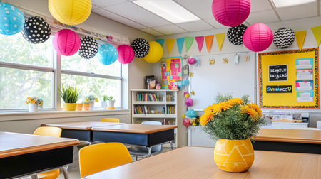 Colorful paper lanterns and decorative banners hang from the ceiling in a vibrant classroom. Lively flowers in a yellow vase add warmth and charm. Concept of education, classroom design, decor ideas.の素材