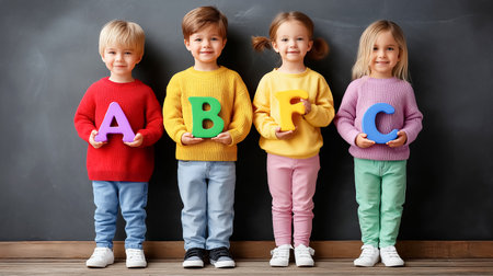 Four children stand together, each holding a large letter from the alphabet. They are smiling and looking at the camera in a vibrant classroom setting.の素材