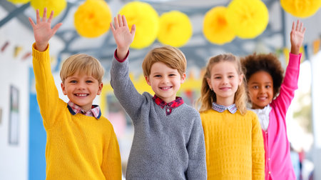 Group of children waving at the end of the school day, smiling with excitement. Brightly decorated classroom with colorful decorations. Concept of education, childhood, celebrations.の素材