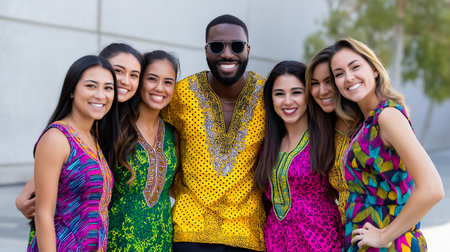 Group of multicultural students smiling and posing together outdoors. They wear colorful outfits that reflect diverse cultural backgrounds. Concept of education, diversity, community.の素材