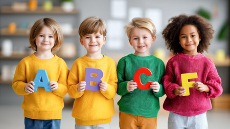 Kids holding vibrant letters ABCF, smiling cheerfully in a bright classroom with colorful decor. Concept of early education, learning, childhood development.の素材
