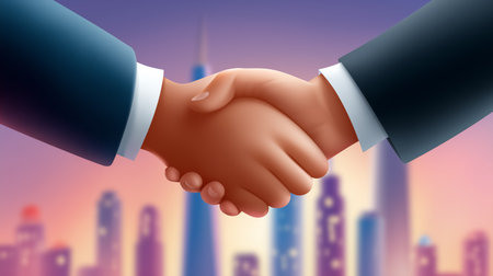 Handshake between two individuals symbolizes unity and collaboration in modern business. Urban setting with skyscrapers creates dynamic atmosphere.の素材