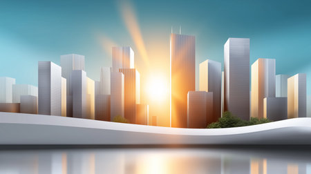 Dynamic city skyline captures sunlight reflecting off tall buildings. Clean architectural lines amidst urban landscape evoke innovation. Concept of urban development, real estate, city planning.の素材
