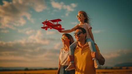 Child plays with a red toy airplane while sitting on parent's shoulders. Bright open sky enhances cheerful family outing in a sunny landscape.の素材