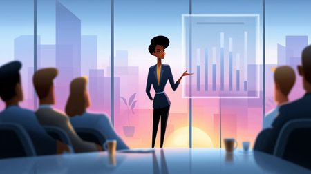 Professional woman presenting financial data in sleek boardroom. View includes city skyline during sunset, creating dynamic atmosphere. Concept of corporate meetings, business strategy, teamwork.の素材