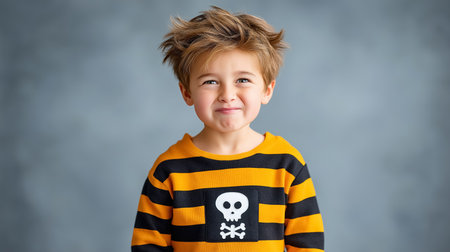 Young boy wearing Halloween-themed striped shirt with skull print smiling happily. Soft gray backdrop enhances the joyful moment.の素材