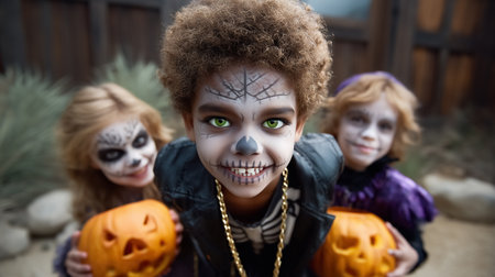 Children dressed in Halloween costumes pose with carved pumpkins. Outdoor setting is adorned with autumn decorations. Concept of family fun, holiday celebrations, childhood joy.の素材