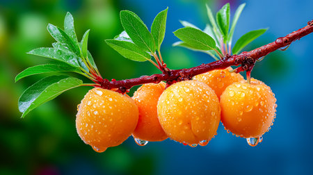 Orange apricots hang on branch with water droplets, showing their freshness. Bright blue background enhances vibrant colors and natural appeal.の素材