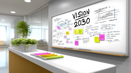 Team discusses strategic goals on large whiteboard with colorful sticky notes in contemporary office space. Clean and bright workspace with focus on innovation and teamwork.の素材