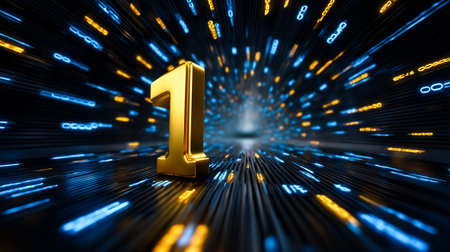 Golden number one stands prominently in a vibrant digital tunnel of blue and orange lights. This dynamic setting conveys a sense of speed and innovation.の素材