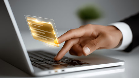 Hand extended towards laptop keyboard with a large transparent folder hovering above. Sleek and minimalist workspace with soft lighting. Concept of technology, digital solutions, business, innovation.の素材