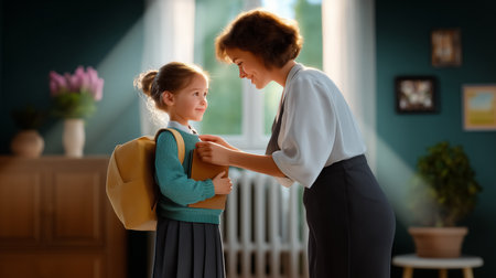Mother assists daughter with backpack, creating a loving moment. Bright interior with soft lighting and warm colors. Concept of family, education, parenting.の素材