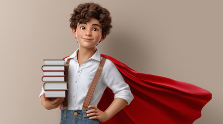 Boy dressed in casual attire with red cape confidently holds stack of books, smiling brightly in a simple beige background setting. Concept of education, imagination, empowerment.の素材