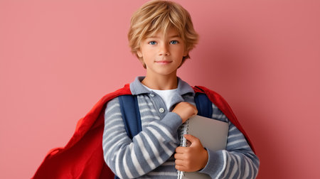 Boy with blonde hair looks at camera, wearing gray sweater and red cape, holding notebook with a confident expression. Setting is simple, bright background.の素材