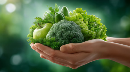 Hands holding vibrant green broccoli, crisp lettuce, refreshing cucumber, and an apple. Captivating nature background creating emphasis on healthy eating.の素材