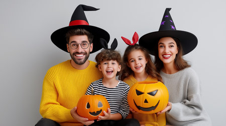 Family wearing Halloween costumes with witch hats and smiling joyfully while holding carved pumpkins. Bright, cheerful atmosphere in a modern interior space.の素材