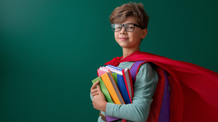 Young boy with glasses smiling while holding various books in colorful backpack. Bright green background enhances playful and imaginative vibe. Concept of education, creativity, youth empowerment.の素材