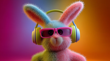 Bright rabbit with fluffy fur wearing large headphones and colorful sunglasses. Set against a vivid gradient backdrop that adds energy and joy. Concept of entertainment, party vibes, creativity.の素材