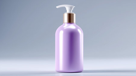 Stylish purple pump bottle stands alone against a clean gray background, emphasizing modern design. Concept of beauty products, skincare, wellness.の素材