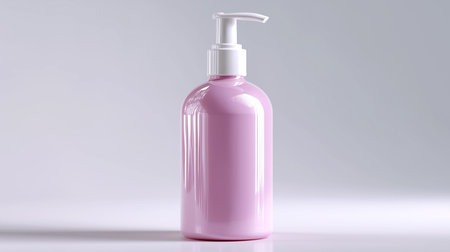 Pink lotion bottle with pump stands on smooth surface. Light reflects softly, creating a serene atmosphere. Concept of beauty, skincare, personal care.の素材