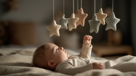 Baby lying on soft blanket reaches for hanging stars in calming nursery space. Gentle light provides a serene environment. Concept of early childhood development, baby care, nursery design.の素材