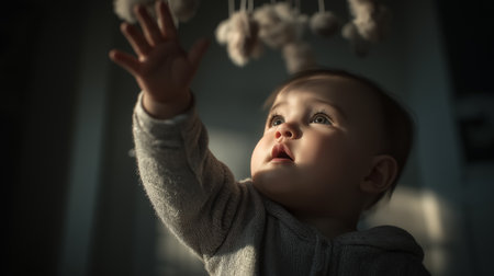 Baby reaches out hanging towards mobile with curiosity. Soft shadows play across the cozy room setting, creating a warm and inviting atmosphere. Concept of childhood, parenting, early learning.の素材