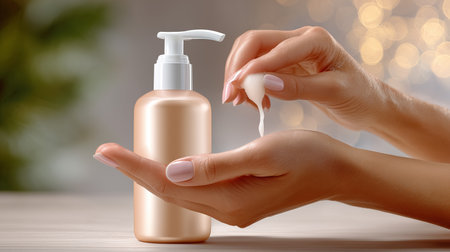 Hand applies moisturizer from elegant pump bottle while soft focus in background creates calming ambiance. Concept of skincare, beauty routine, wellness.の素材