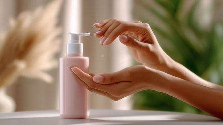 Hands hold gently serum drop while applying from pink bottle in bright room filled with greenery. Bright and fresh setting highlights skincare and wellness concepts.の素材