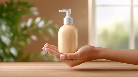 Hand displays bottle of creamy lotion on wooden surface with natural daylight pouring in. Clean background highlights product details. Concept of beauty, skincare, wellness.の素材