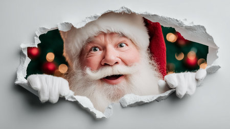Santa Claus breaks through wall with joyful expression, fluffy white beard, and red suit. Cheerful holiday decorations in background create a festive atmosphere.の素材