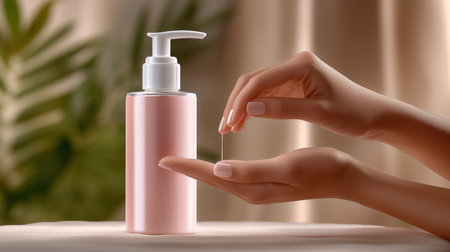 Woman pours serum from stylish pink bottle into palm while standing at clean countertop. Soft lighting enhances serene atmosphere. Concept of beauty, skincare, wellness.の素材