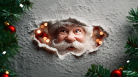 Santa is peeking through a torn wall, showing a surprised expression. Surrounding the scene are decorative Christmas garlands with red ornaments, evoking festive cheer.の素材
