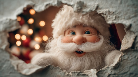 Santa Claus smiles cheerfully while peeking through a hole in the wall. Background features colorful holiday lights and decorations giving a warm festive feel.の素材