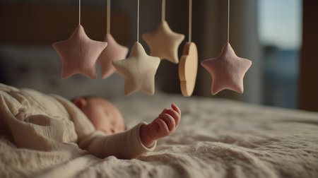 Baby lies peacefully on bed reaching for hanging star mobile. Serene nursery atmosphere with soft lighting creates calming environment. Concept of infant care, maternity, baby products.の素材