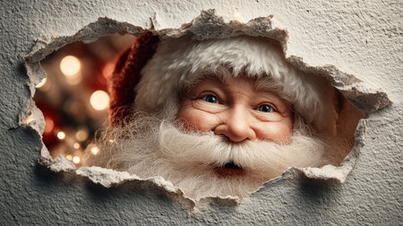 Santa Claus peeks through the wall with a joyful smile and bright eyes. Cozy indoor setting with twinkling lights in background. Concept of holiday spirit, Christmas decorations, gift giving.の素材
