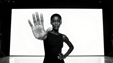 Confident woman with stylish look extends her hand to signal stop. Minimalistic black and white studio background emphasizes her bold gestures. Concept of fashion, empowerment, modern art.の素材