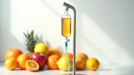 A clear infusion stand holds a bottle of juice, surrounded by an array of fresh fruits including oranges, apples, and lemons. Bright kitchen setting promotes healthy living.の素材