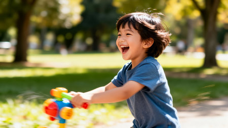 Child rides colorful toy scooter with delight in sunny park. Lush greenery and bright sunlight fill the background, creating a cheerful atmosphere.の素材