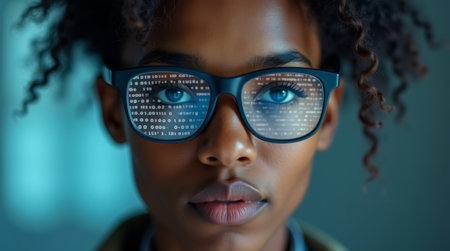 Woman with curly hair looks at camera while wearing glasses that reflect flowing digital code. Modern tech settings emphasizes innovation and creativity.の素材