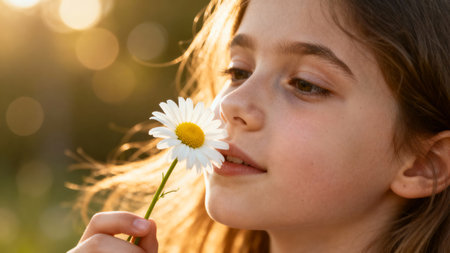 Girl holds daisy close to her face, enjoying the sweet scent. Soft golden sunlight illuminates her features in a serene outdoor setting. Concept of nature appreciation, childhood joy, wellness.の素材