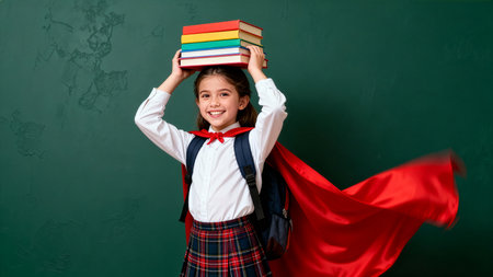 Child joyfully balances colorful books on head while wearing red cape and backpack. Bright classroom with green wall. Concept of education, childhood wonder, reading adventures.の素材