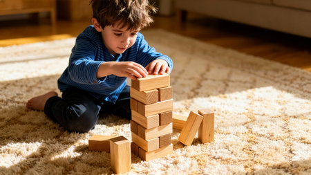 Child carefully balances wooden blocks while sitting on plush carpet. Warm sun filters through room, creating a cozy atmosphere. Concept of early childhood education, playtime, development.の素材