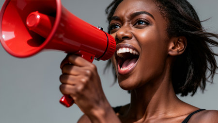 Woman looking at camera while shouting into bright red megaphone. Bold expression in open space with neutral backdrop. Concept of activism, public speaking, social issues.の素材