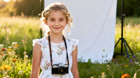 Girl smiles while holding a camera, standing in a vibrant flower field with sunlight filtering through trees. Concept of child photography, outdoor activities, family memories.の素材