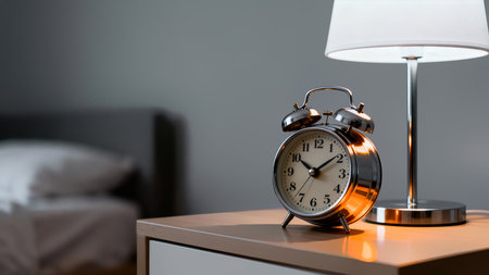 Alarm clock sits on nightstand beside lamp, creating a warm atmosphere. Nighttime setting in modern bedroom with cozy decor. Concept of home decor, sleep wellness, bedroom design.の素材