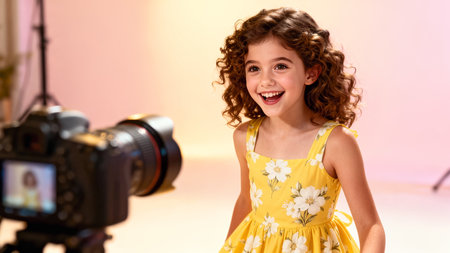 Child looks joyfully at camera while posing for photo shoot. Bright studio backdrop enhances playful mood. Concept of photography, modeling, children's fashion.の素材