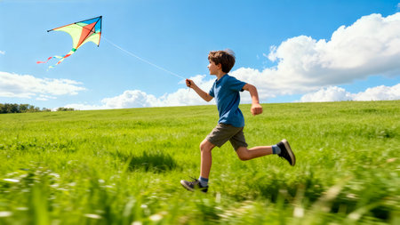 Boy joyfully runs across vibrant green field while flying a bright rainbow kite. Sunny day setting with fluffy clouds creates a cheerful atmosphere. Concept of outdoor fun, play, childhood.の素材